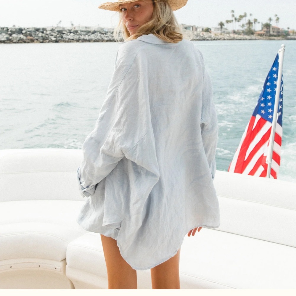 Light Blue Relaxed Linen Swim Cover-Up Shirt